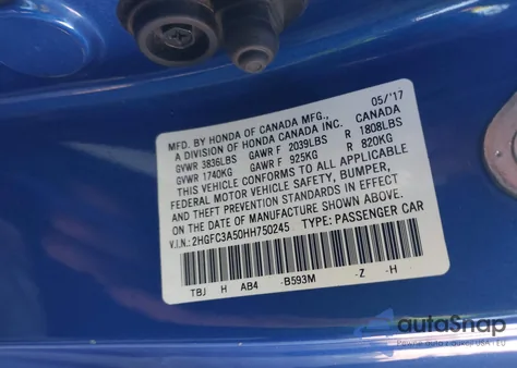 2017 Honda Civic Si z USA, uszkodzony, nr VIN 2HGFC3A50HH750245